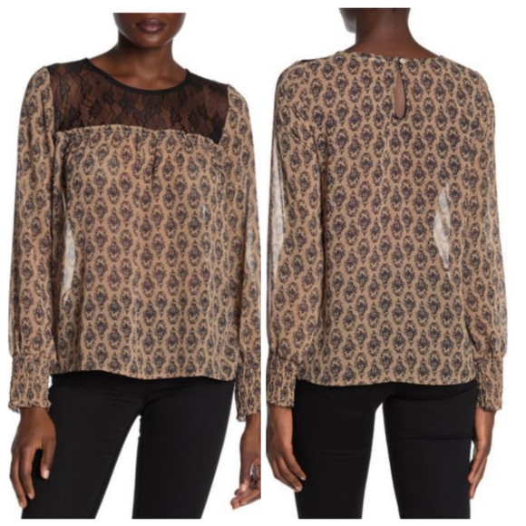 Pleione Lace Trim Blouse Chiffon Smocked Cuffs Keyhole Back Sheer Size XS - Picture 1 of 11